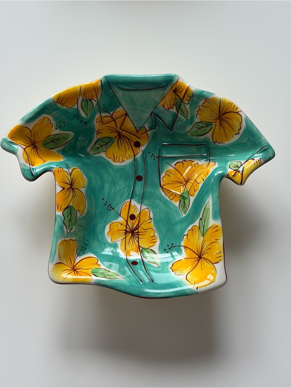 Clay Art Ceramic Hawaiian Shirt Shaped Serving Dish Bowl Hibiscus Teal